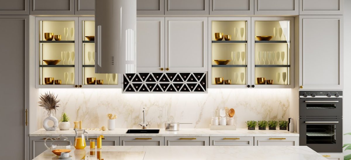 Marble table top in kitchen with a white countertop and cabinets. There is a sink and a stove- 3D rendering